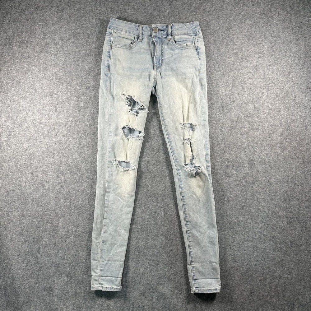 American Eagle Super Stretch Hi-Rise Jegging 2‎ Light Wash Distressed Denim